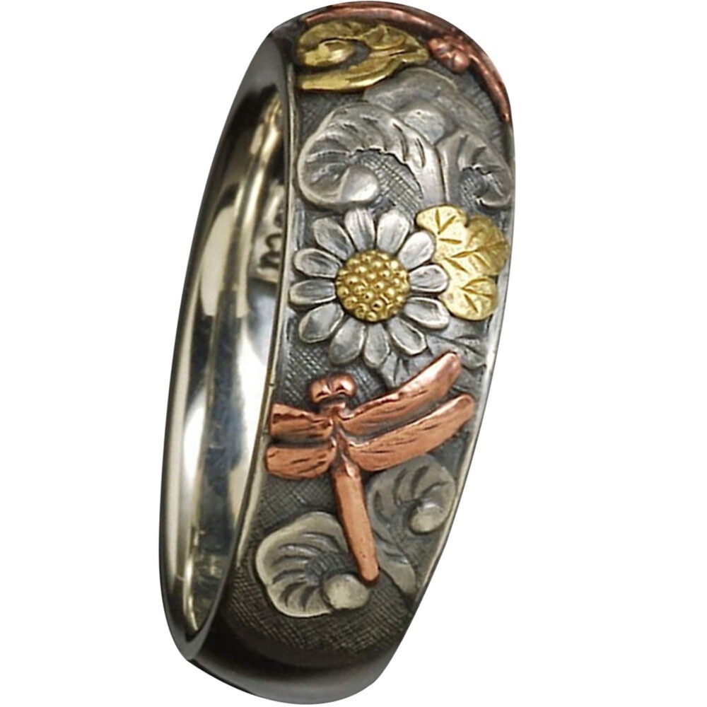 Vintage S925 750 Sterling Silver Rose Gold Carved Dragonfly Sunflower Ring - Picture 3 of 16